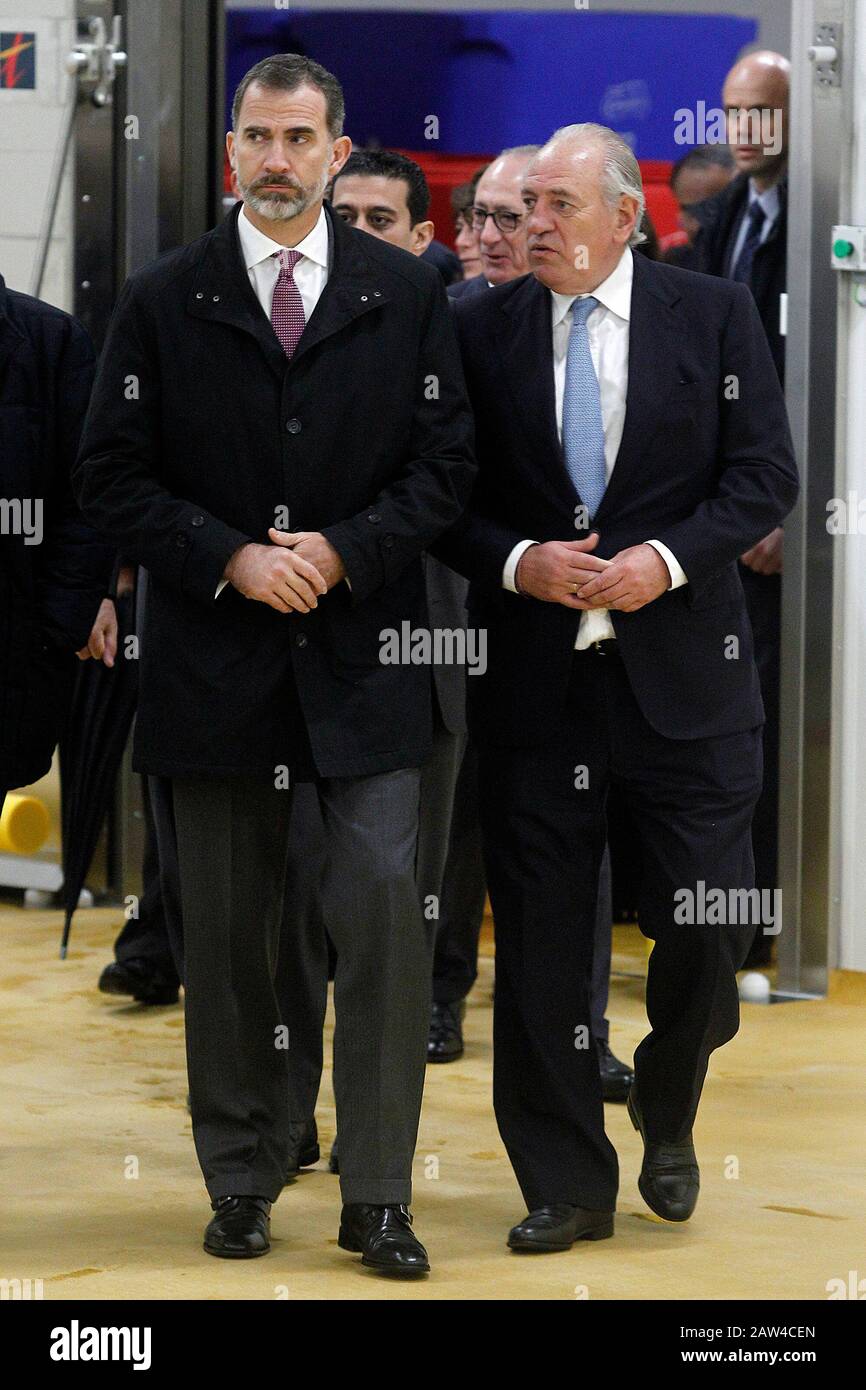 King Felipe VI of Spain (l) and Pedro Ballve Lantero, President of Campofrío Group visit the new factory of Campofrio in Burgos. November 23, 2016.(AL Stock Photo