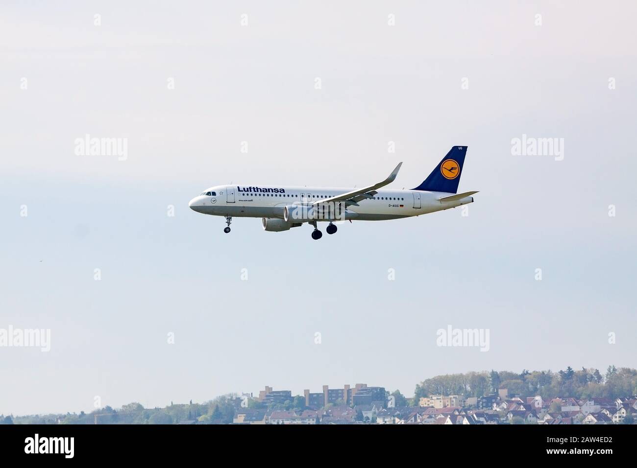 Stuttgart, Germany - May 06, 2017: Lufthansa Airlines Airbus A320-200 airplane during landing at airport Stuttgart Stock Photo