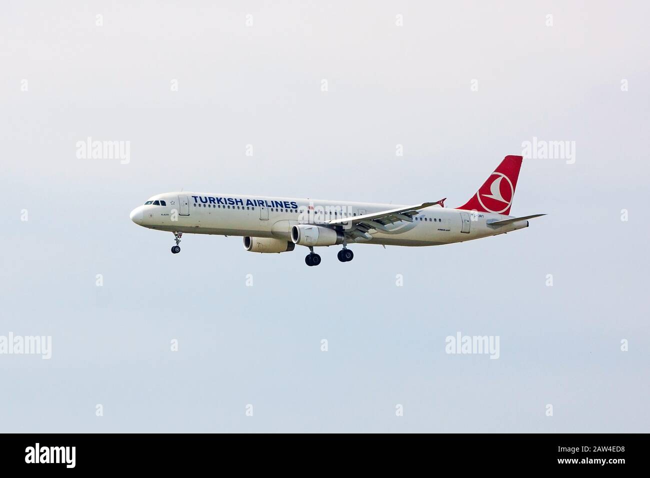 Stuttgart, Germany - May 06, 2017: Turkish Airlines Airbus A321 airplane during landing at airport Stuttgart Stock Photo