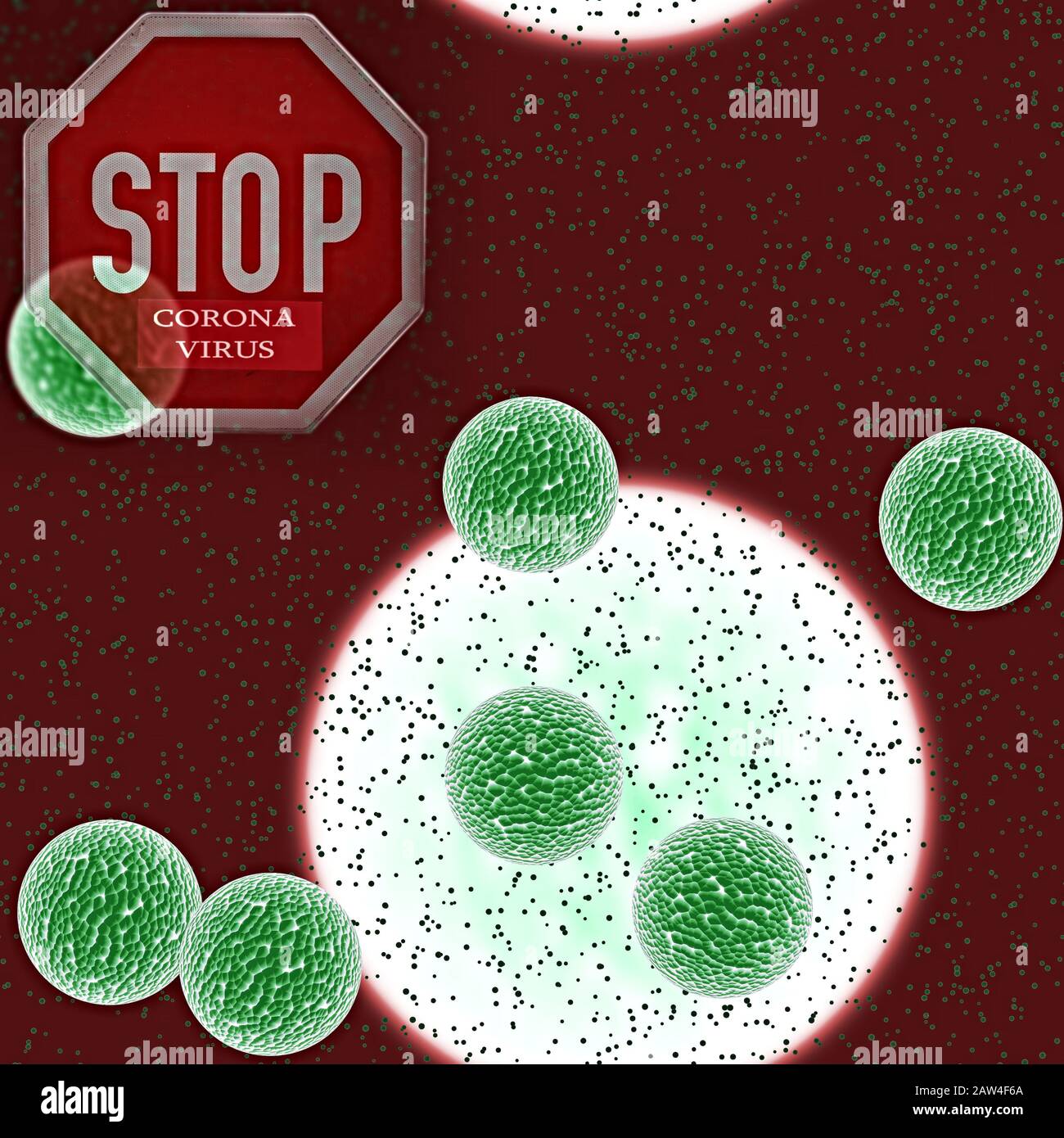 Stop sign with text "Corona Virus " view in microscope. Novel coronavirus 2019-nCoV, MERS-Cov. Illustration Stock Photo