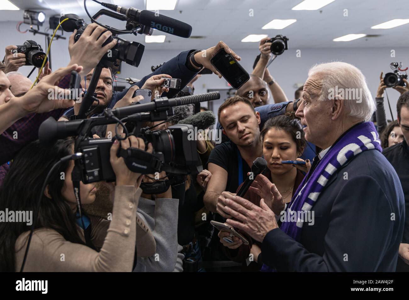 February 4, 2020, Concord, New Hampshire: Democratic candidate Joe Biden is talking to the media after his speech at The International Brotherhood of Stock Photo