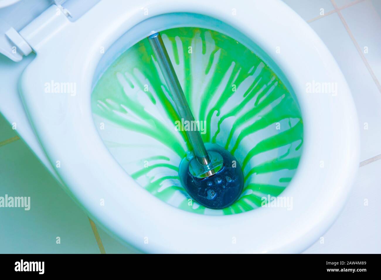 Disinfection of toilet, using colorful antibacterial liquids and cleaning tools. Close up view. Stock Photo