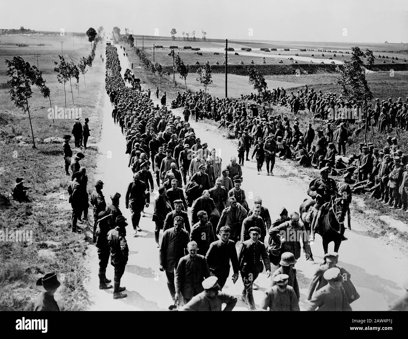Long Line Of Captured German Soldiers Prisoners Of War Walking Along 