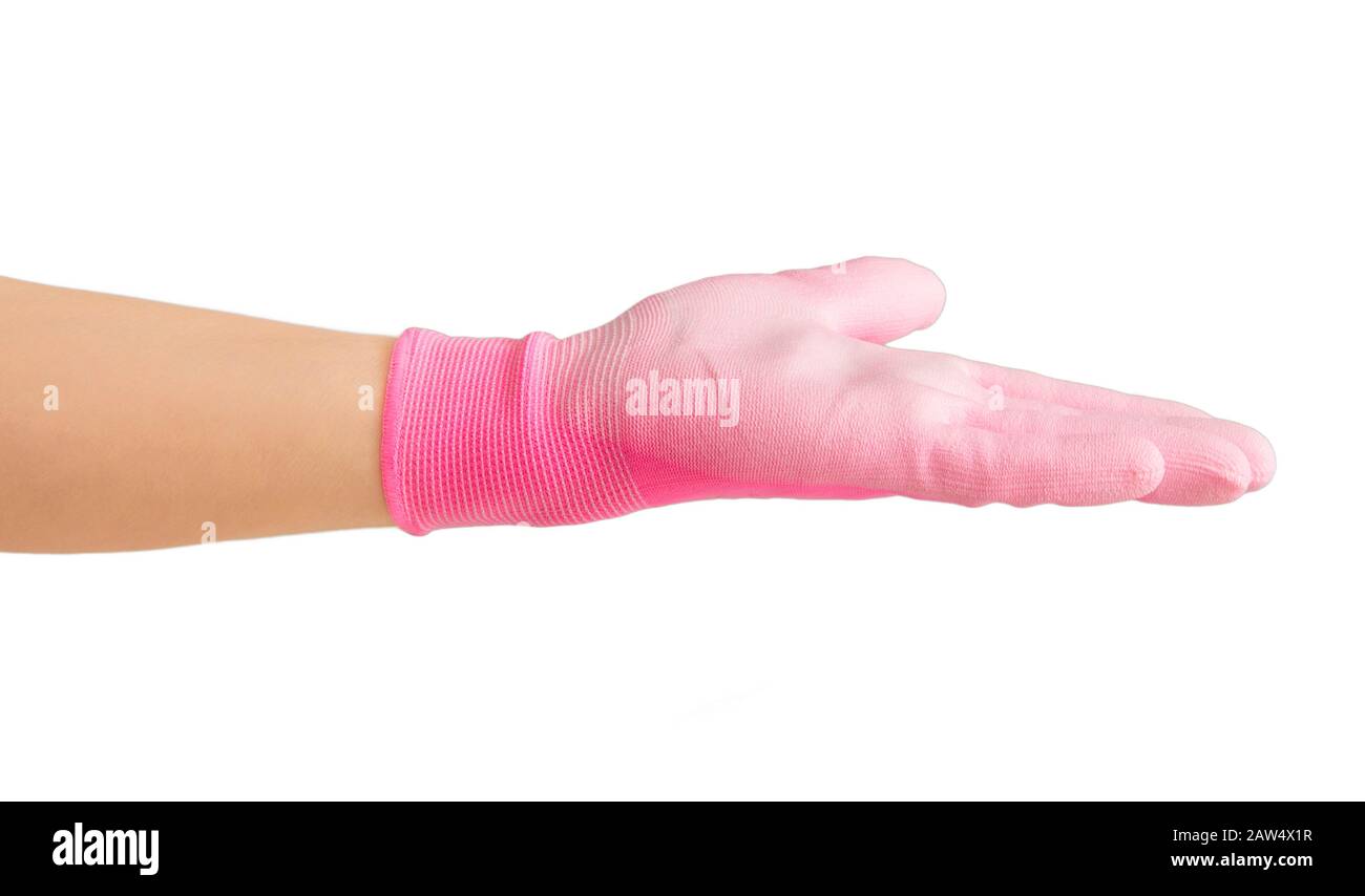 Woman hand gesturing and holding something on palm of hand, wearing pink textile rubber palm working gardening gloves. Isolated on white with copy spa Stock Photo