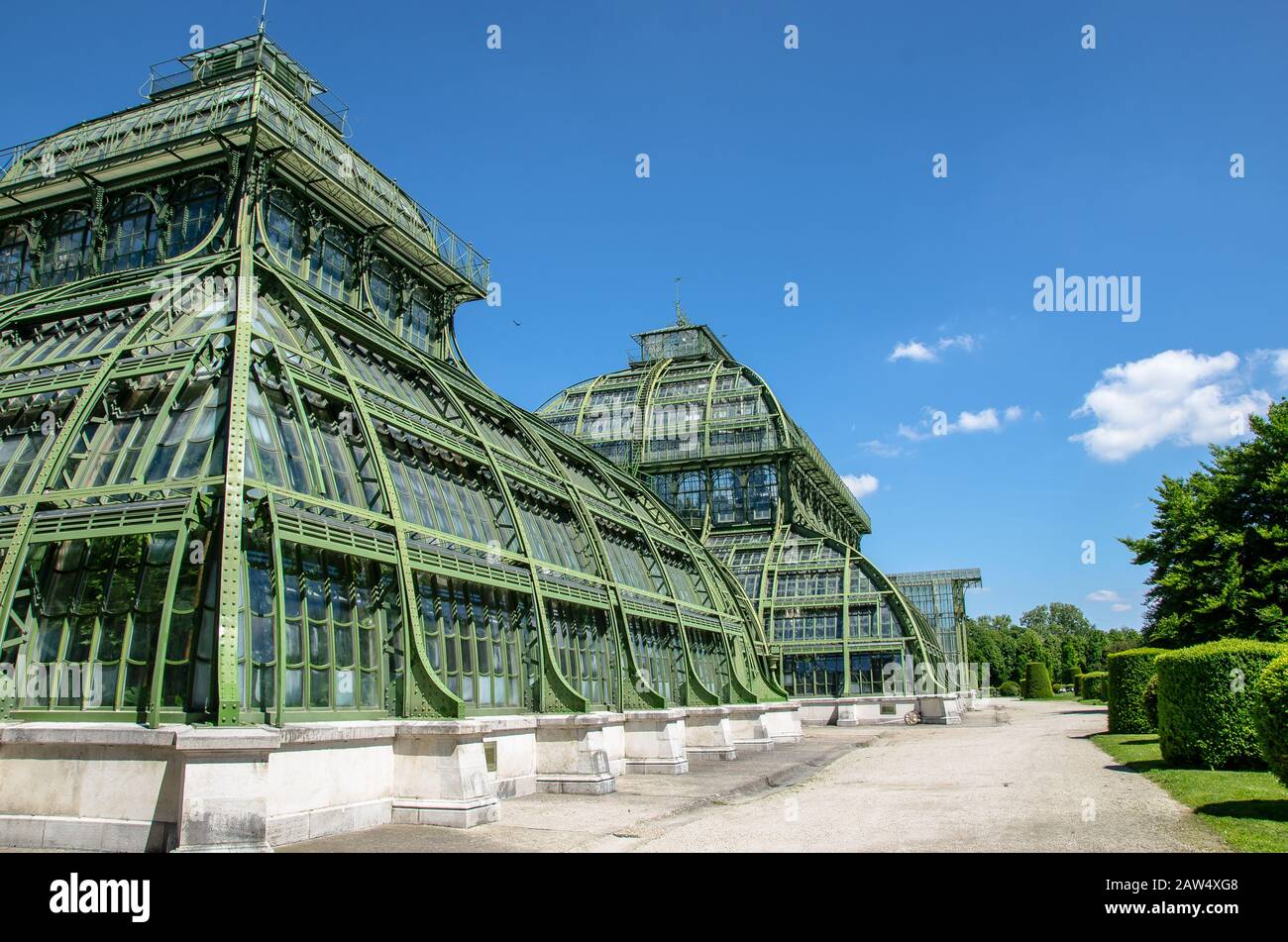 The Palmenhaus Schönbrunn is a large greenhouse in Vienna, It is the most prominent of the four greenhouses in Schönbrunn Palace Park, Stock Photo