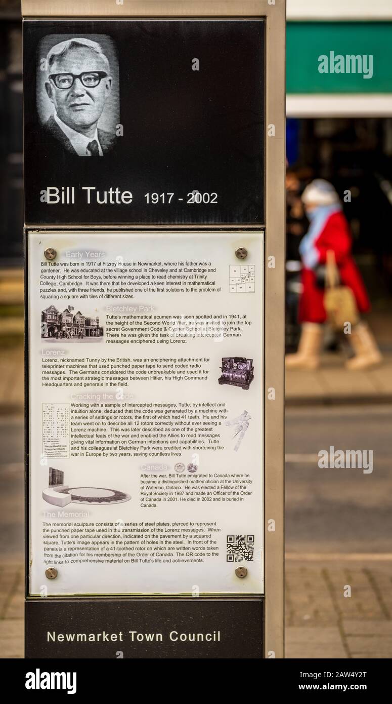 Bill Tutte memorial in Newmarket, Suffolk.  Tutte broke the extremely complex German Lorenz code in WW2 without ever seeing the coding machine. Stock Photo