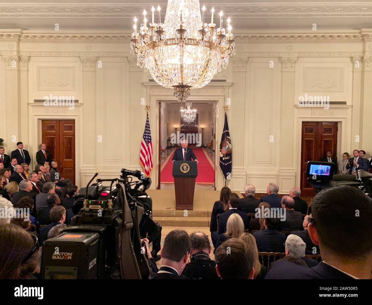 Washington, United States of America. 06 February, 2020. U.S President Donald Trump addresses remarks during an hour long celebration of his acquittal in the East Room of the White House February 6, 2020 in Washington, D.C. Trump continued to savage his opponents calling them vicious and mean following his Senate acquittal in the impeachment trial. Credit: Shealah Craighead/White House Photo/Alamy Live News Stock Photo