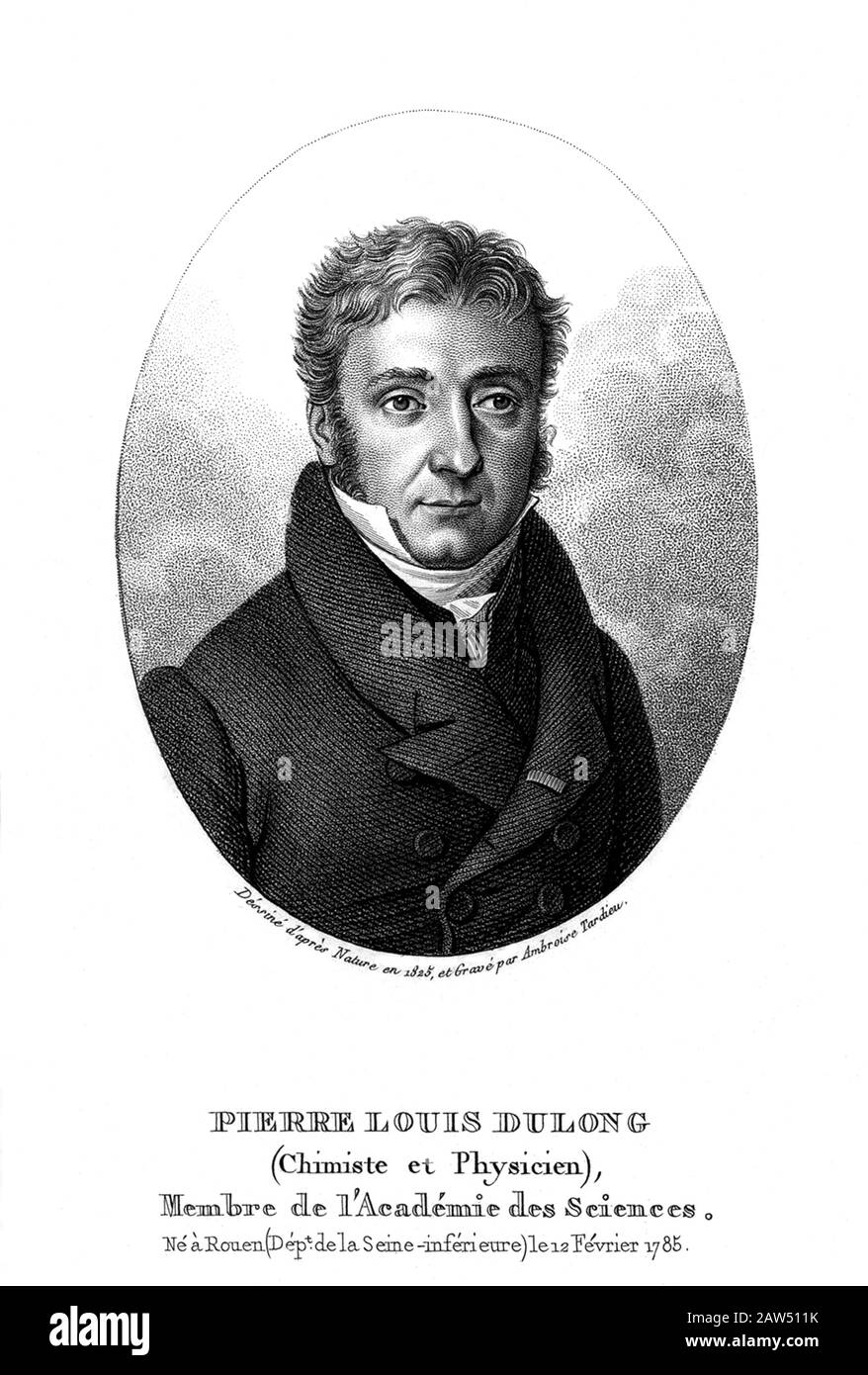 1826 , FRANCE : The french physicist and chemist PIERRE LOUIS DULONG ( 1785 - 1838 ) . Portrait engraving by Ambroise Tardieu , 1826 .He is remembered Stock Photo