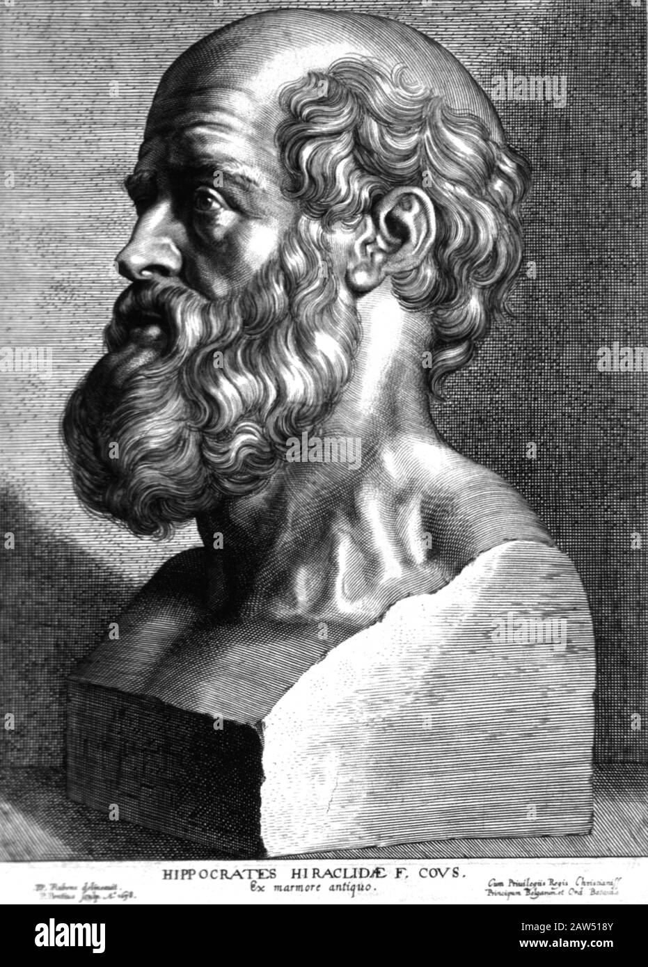 The grecian doctor HIPPOCRATES of KOS ( Coo 460 - Larissa ca. 370 a.C ) , founder of modern scientific medicine . Engraved portrait by Paul RUBENS . Stock Photo