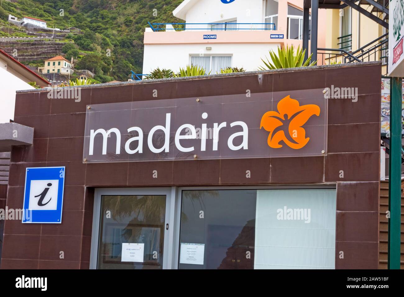 Porto Moniz, Portugal - June 2, 2013: Tourist information with Madeira logo  / sign in village Porto Moniz, a famous destination on Madeira with its un  Stock Photo - Alamy, image size:1300x956