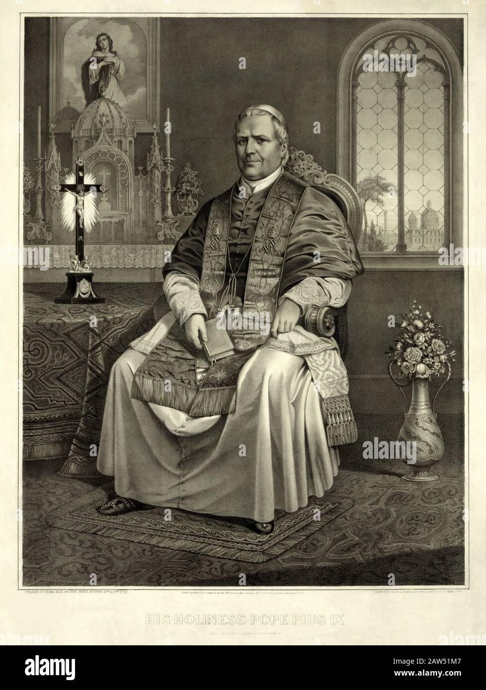 1866 , ROMA , ITALY : The Pope PIO IX ( Giovanni Maria Mastai Ferretti , 1792 - 1878 ) . Engraving portrait pubblished by Thomas Kelly , drawn by E. V Stock Photo