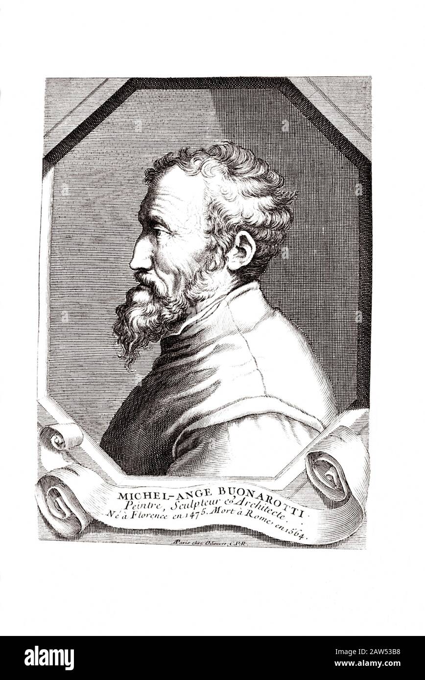 1555 ca , ITALY  : Portrait of Italian Renaissance painter and scultor  MICHELANGELO BONARROTI  ( 1475 - 1564 ). French engraving from XVIII century . Stock Photo