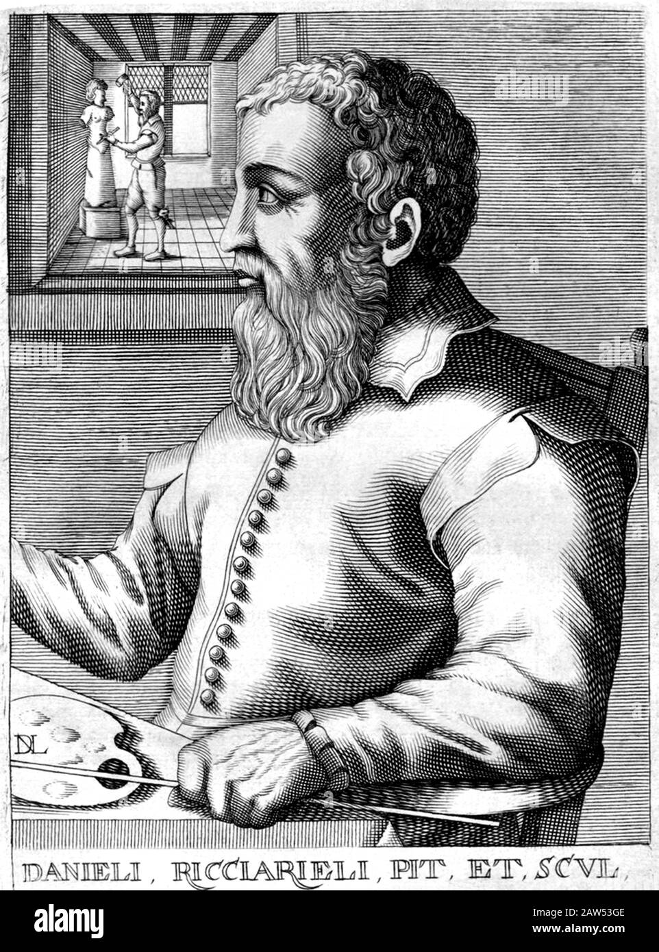 Engraved portrait of italian Renaissance painter and sculptor DANIELE DA VOLTERRA ( 1509 - 1566 ) born RICCIARELLI . Also know with nick-name ' il Bra Stock Photo
