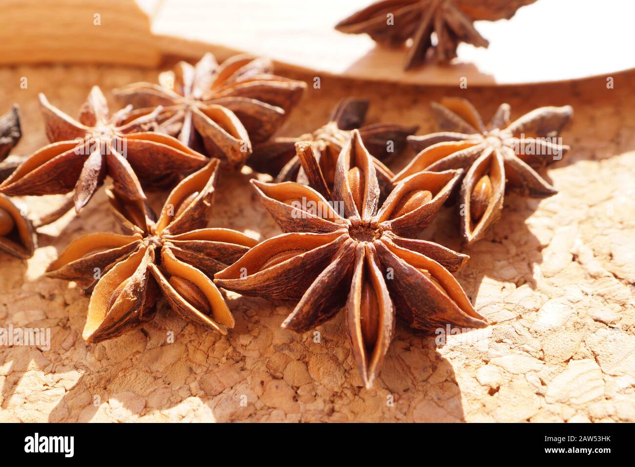 Macro. Popular spice commonly called star anise, staranise, star anise