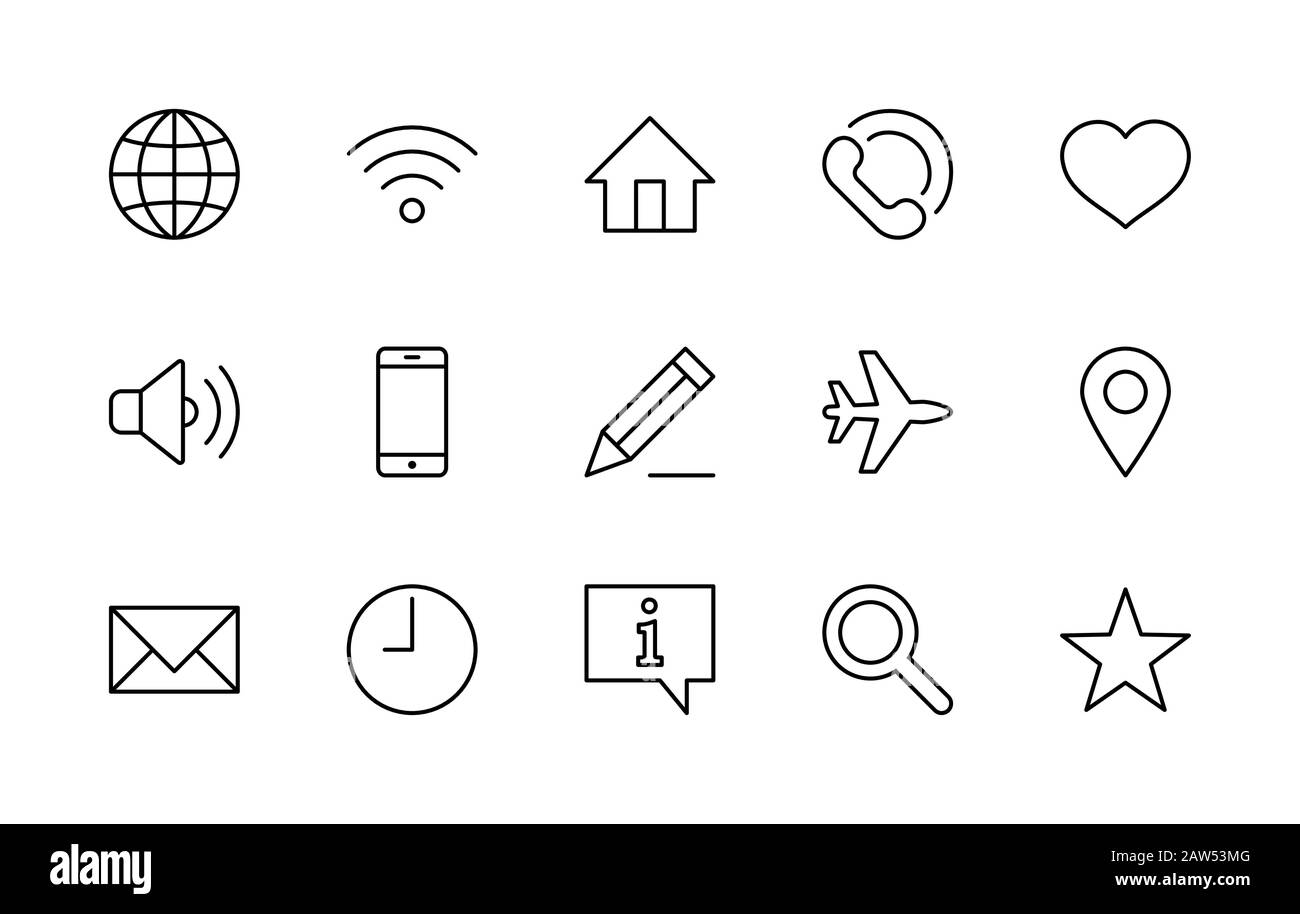 Set of Web Vector Line Icons. Contains such Icons as Globe, Wi-fi, Home, Heart, Phone, Pencil, Time Clock, Star and more. Editable Stroke. 32x32 Stock Vector
