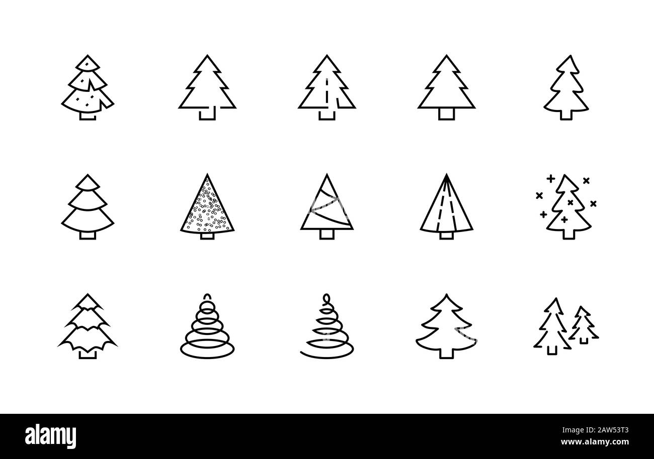 Christmas Tree thin line icon set. Stylized linear icons of artificial snow, spruce, present box fir. Editable Stroke. 32x32 Pixels Stock Vector