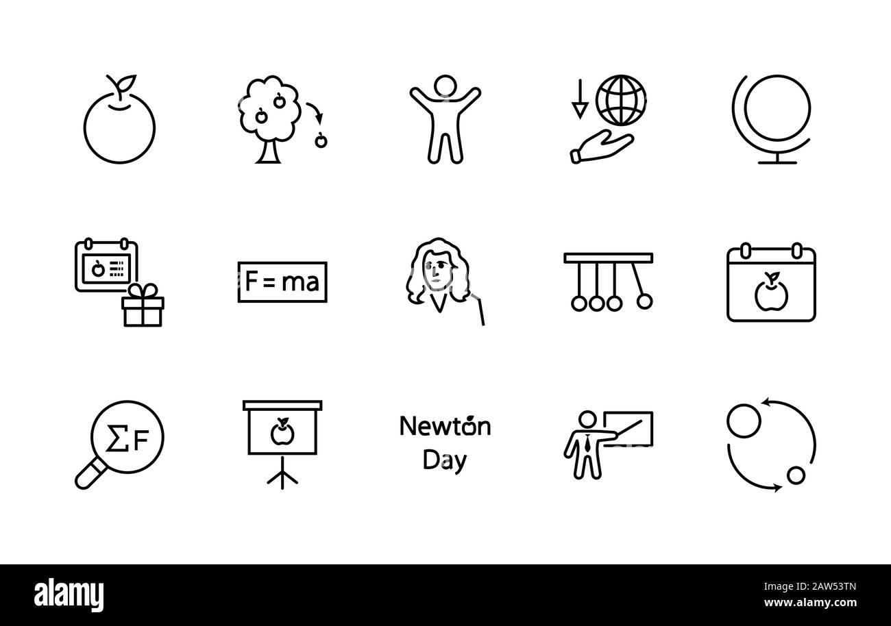 Newton's Day Set Line Vector Icon. Contains such Icons as Newton, Laws of physics and gravity, Flying Apple, Calendar, Teacher, blackboard and Stock Vector