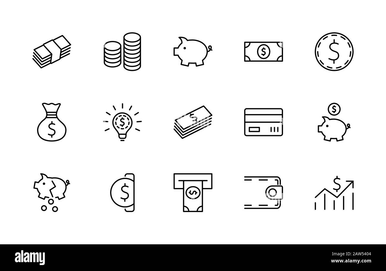 Set of Money Related Vector Line Icons. Contains such Icons as Money Bag, Piggy Bank in the form of a Pig, Wallet, ATM, Bundle of Money, Hand with a Stock Vector