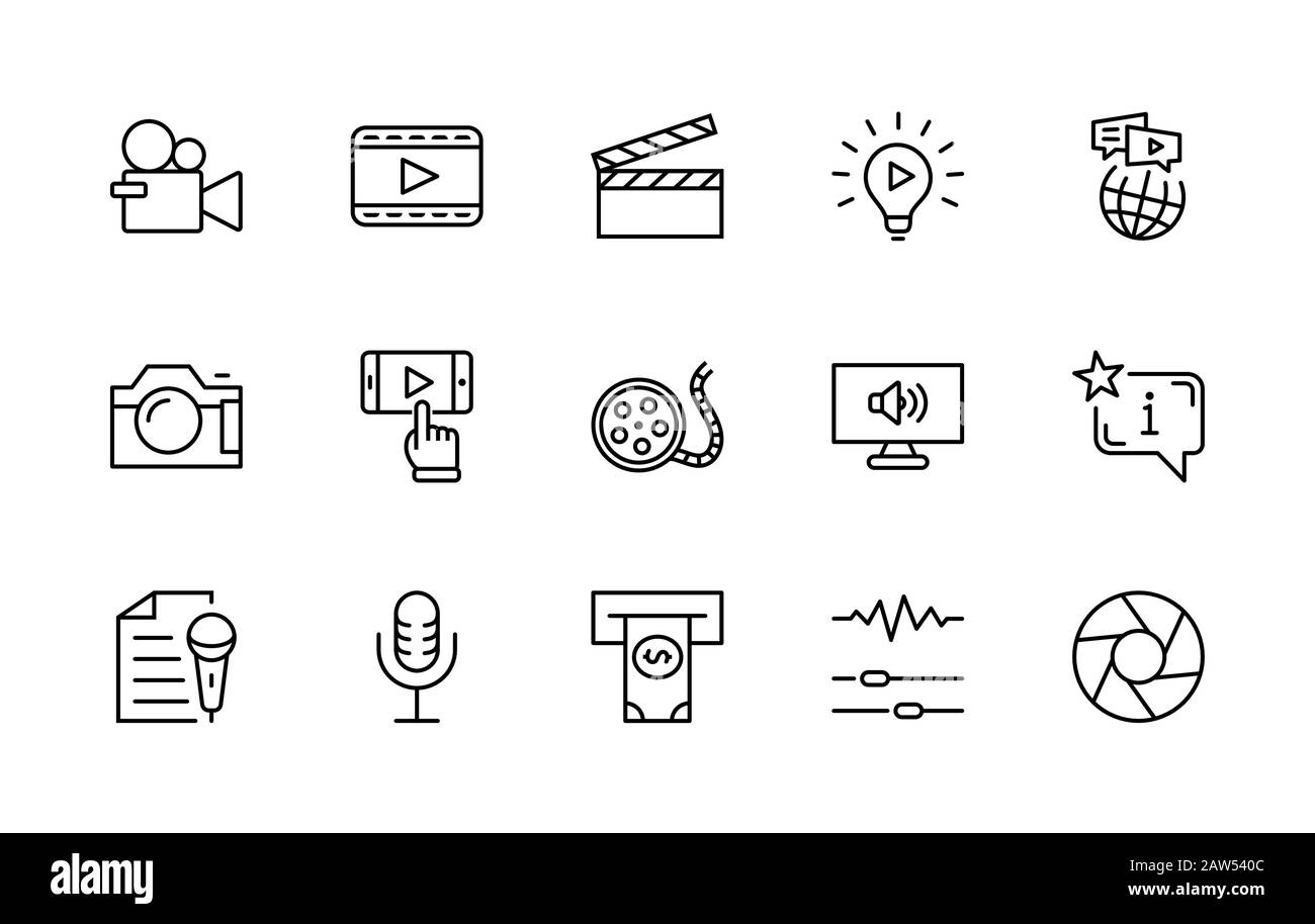 International Film Day Set Line Vector Icons. Contains such Icons as Clapperboard, Camera, Video, Play, Film, Lens, Microphone, Media settings and Stock Vector