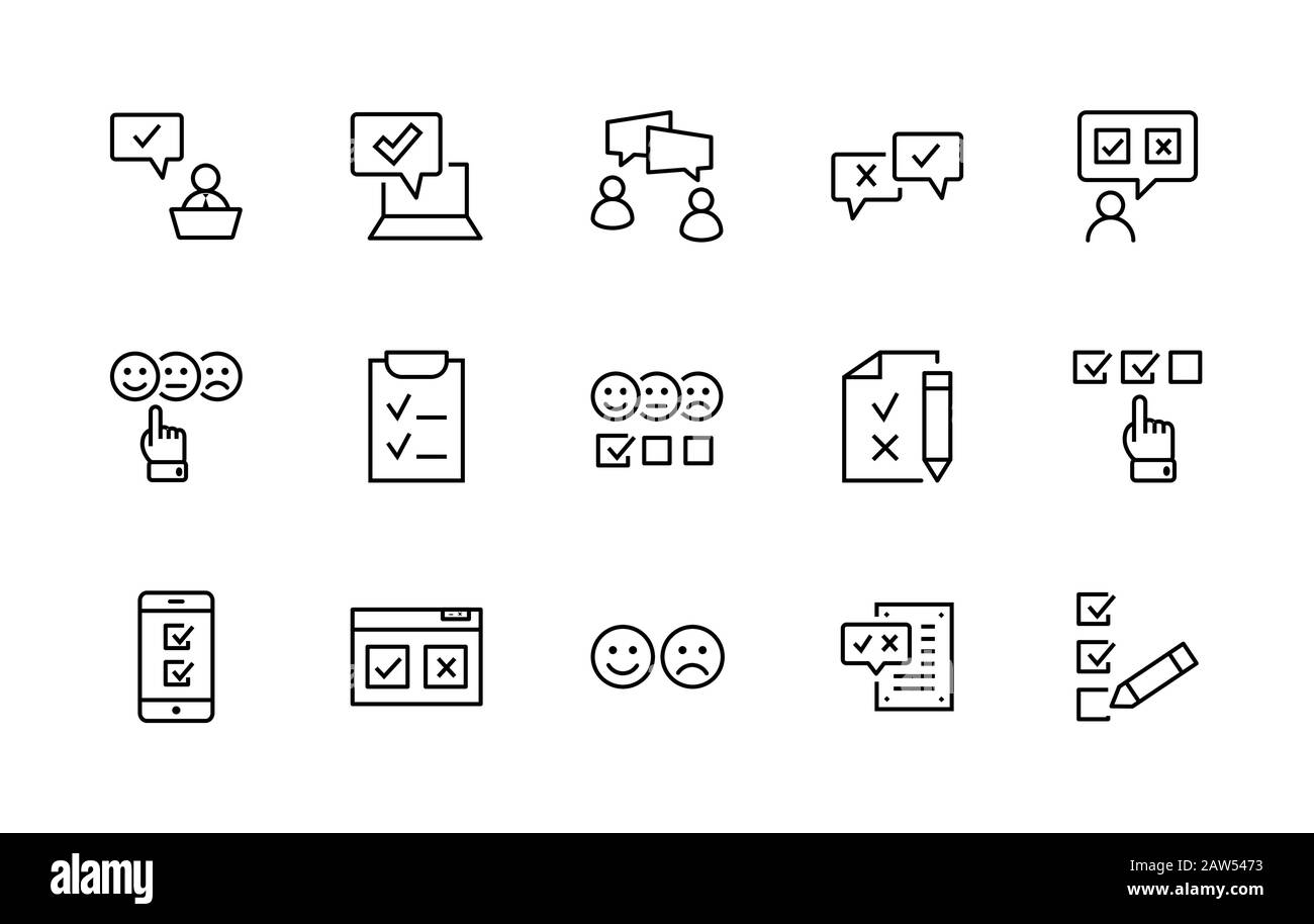 Set of Survey Related Vector Line Icons. Contains such Icons as Smile, Sad, Review, Click, Check, Customer Opinion, Web Survey and more. Editable Stock Vector