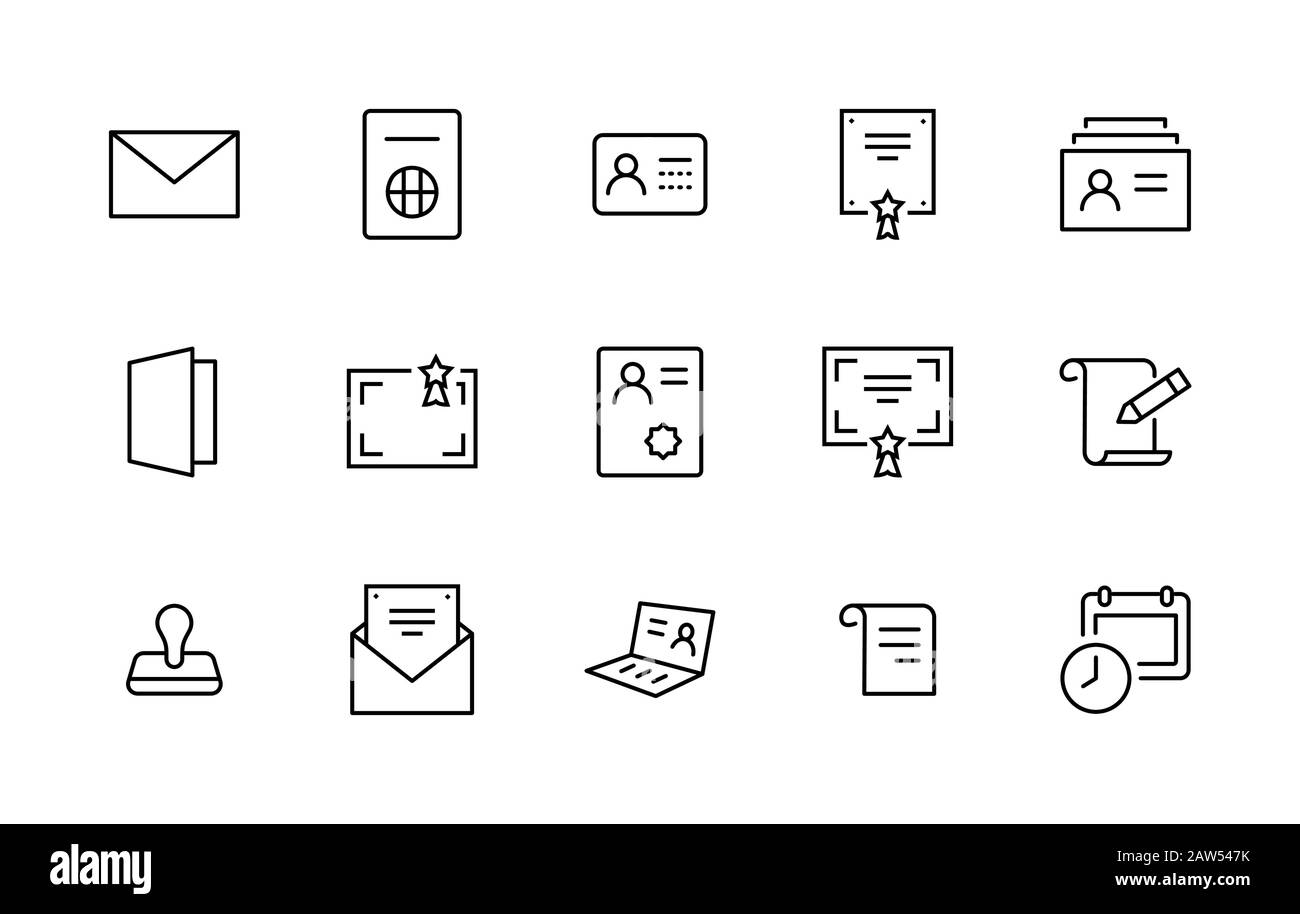 Set of Legal Documents Related Vector Line Icons. Contains such Icon as Visa, Contract, Declaration, License, Permission, Grant and more. Editable Stock Vector