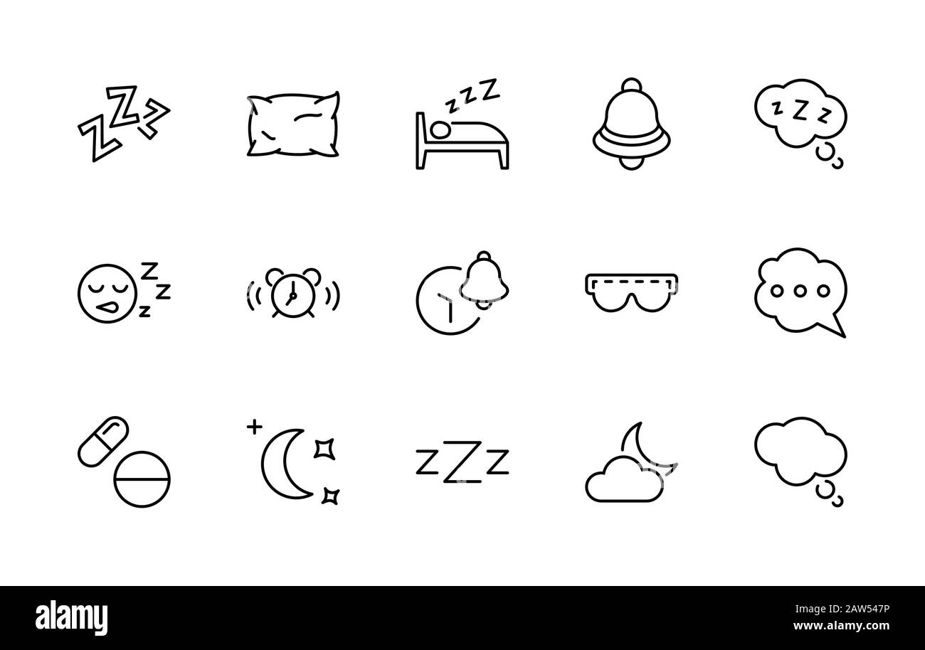 Sleep Vector Line Icons Set. Contains such Icons as Alarm Clock, Bed, Insomnia, Pillow, Sleeping Pills, Bell, Glasses for sleep, Bubble and more Stock Vector