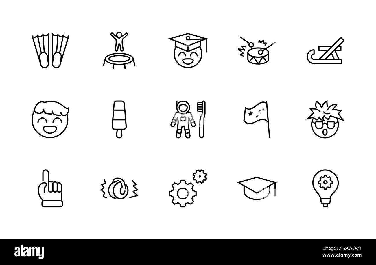 International World Day of Children's Inventions Set Line Vector Icon. Contains such Icons as Toothbrush astronauts, Trampoline, Flippers, Frozen Stock Vector