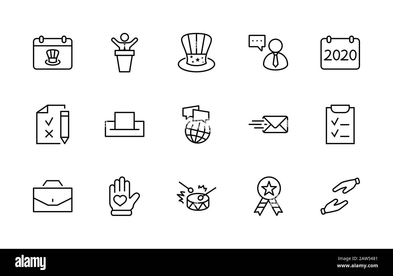 International Presidents Day Set Line Vector Icons. Contains such Icons as Hat, President, Voting, USA, Flag, Elections, Government, Ballot, Box Stock Vector