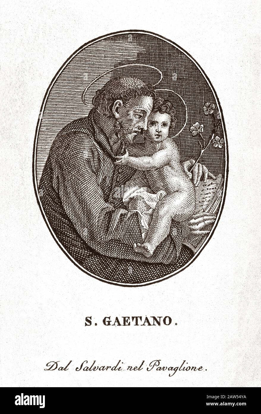 The italian  Saint GAETANO ( 1480 - 1547 ) . Engraving from 1780 ca , printed by Salvardi , Bologna , Italy . Gaetano dei Conti diThiene was an Italia Stock Photo