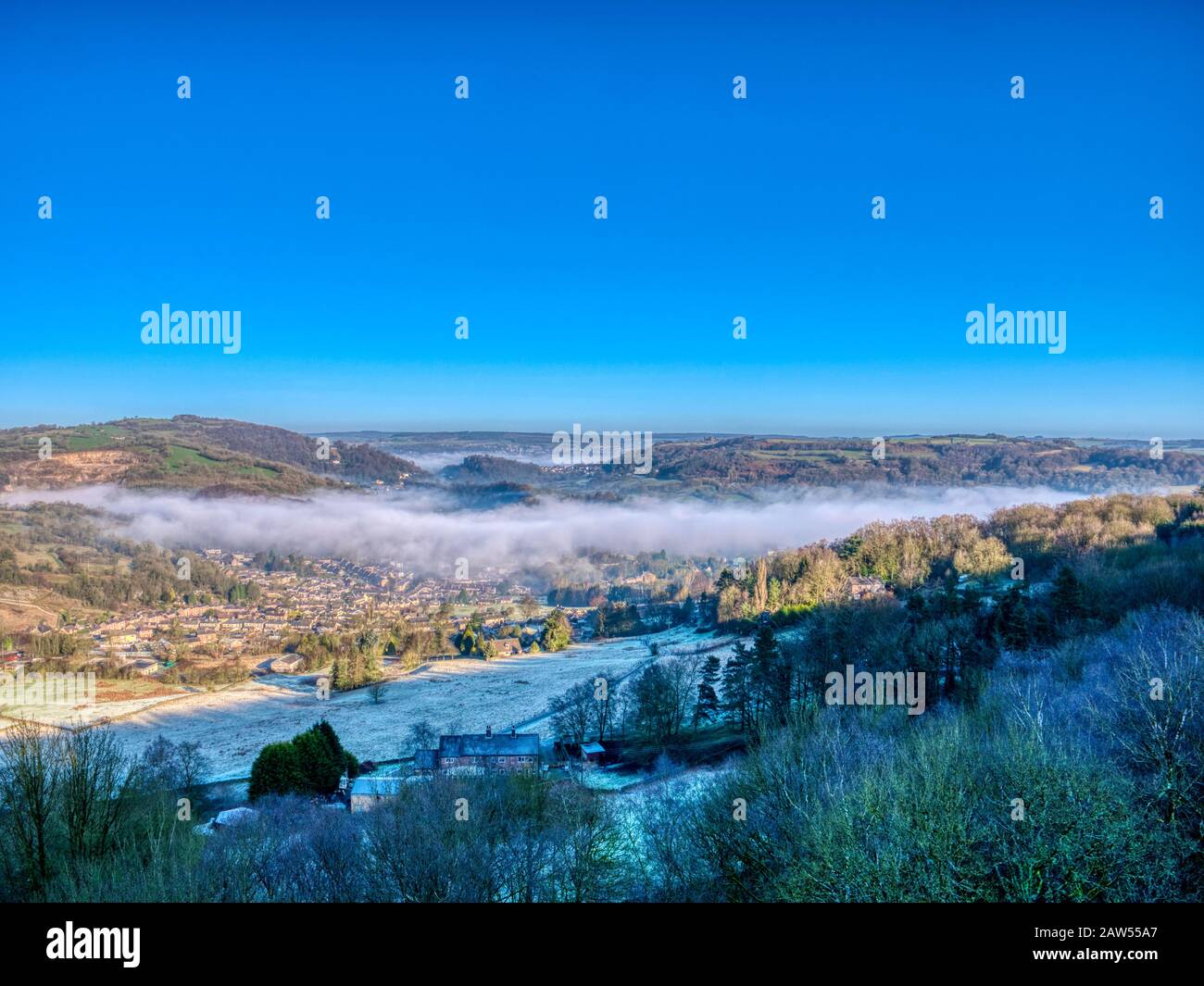 UK Weather: beautiful cloud inversion over Matlock Bath morning shot from Black Rocks Derbyshire HDR Derbyshire Dales, Peak District National Park Stock Photo