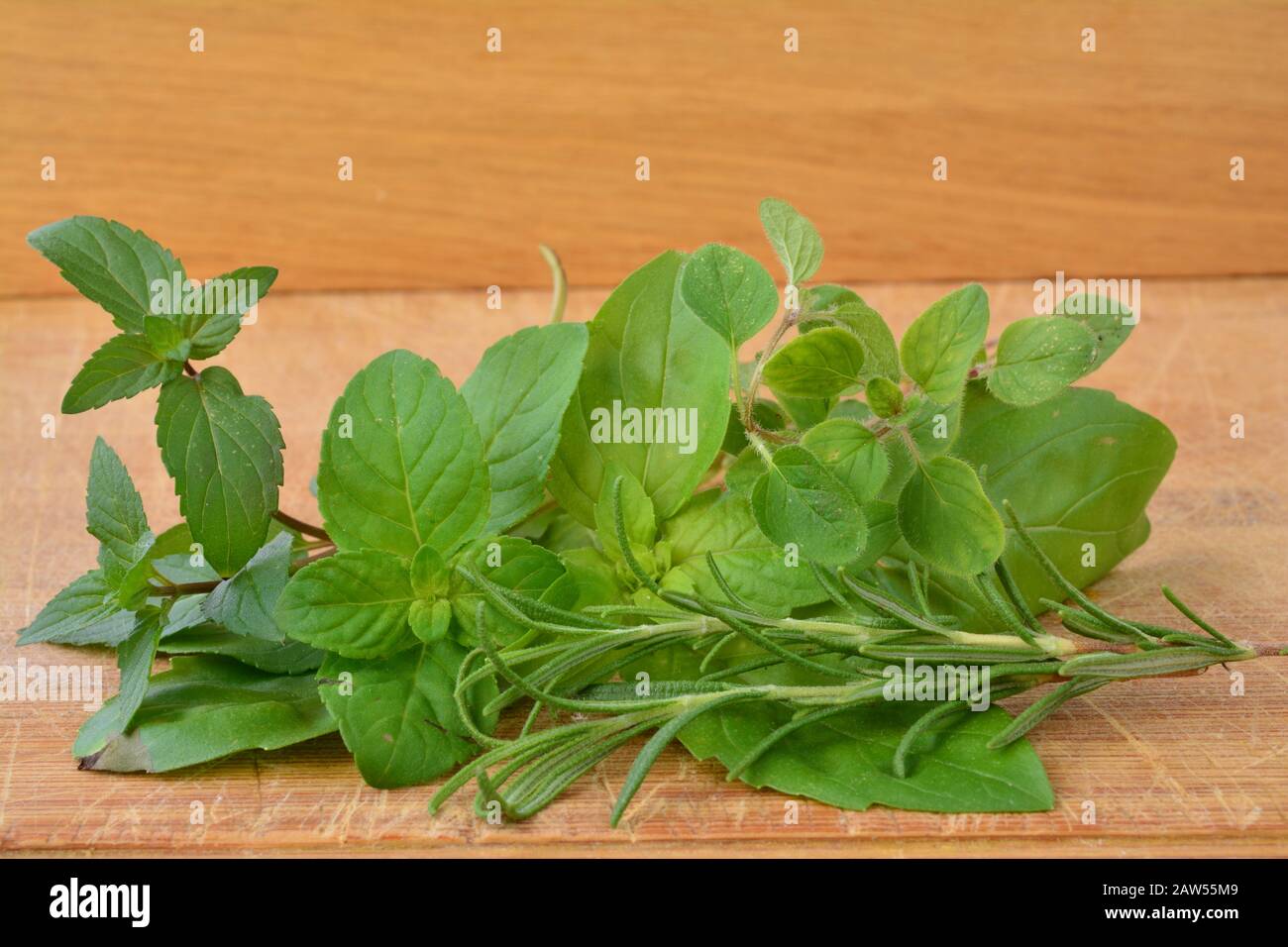 Fresh green aromatic plants, basil, rosemary, peppermint,  mojito mint and oregano in a bunch on wooden background Stock Photo