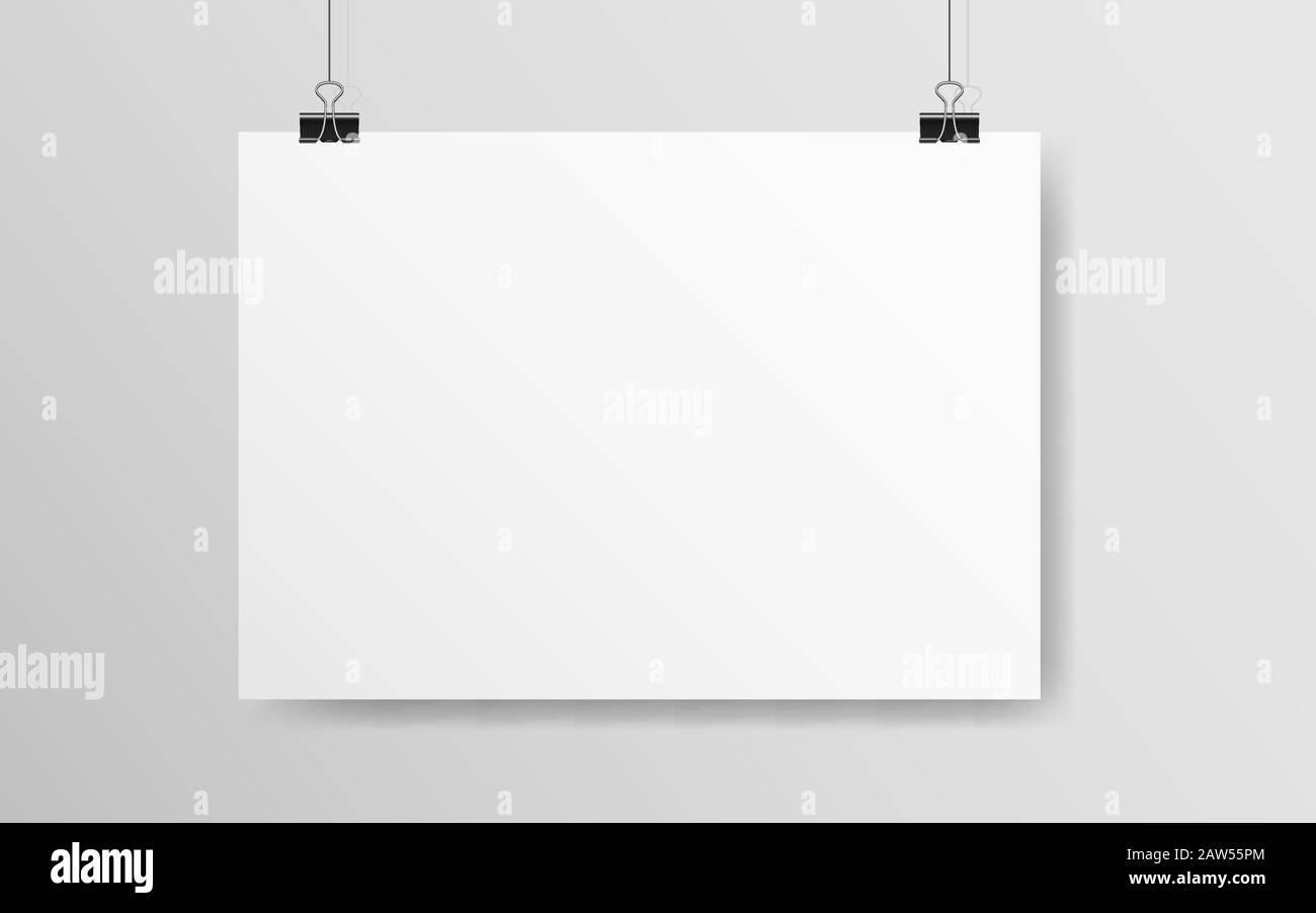 Download White Horizontal Poster Mockup Empty A4 Paper Hanging On A Wall Light Blank On A Rope Realistic Template With Soft Shadow White Banner With Clips Stock Vector Image Art Alamy PSD Mockup Templates