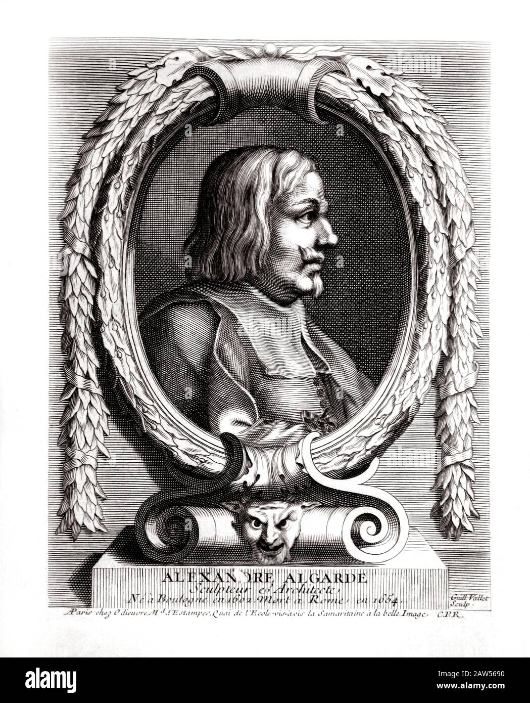 1650 ca , ITALY : The  italian sculptor ALESSANDRO ALGARDI ( 1598 – 1654 ). Portrait engraved in XVIII by Guillome Vallet , Paris , France . - Alexand Stock Photo