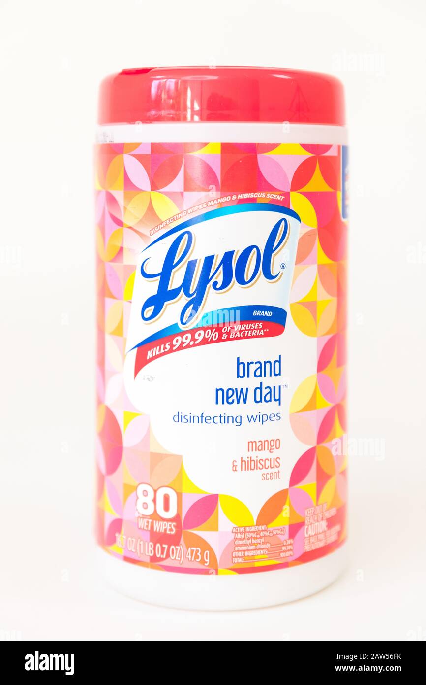 Princeton New Jersey February 2, 2020:  Image of a Lysol wipe canister. The Lysol brand started in 1889 and is a popular brand for cleaning and disinf Stock Photo