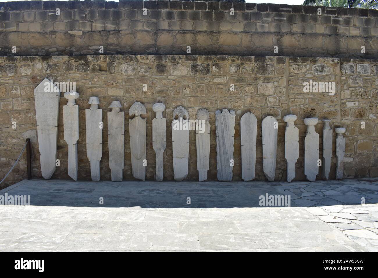 Ancient tablets ruins lined up outside of Larnaca Castle Stock Photo ...