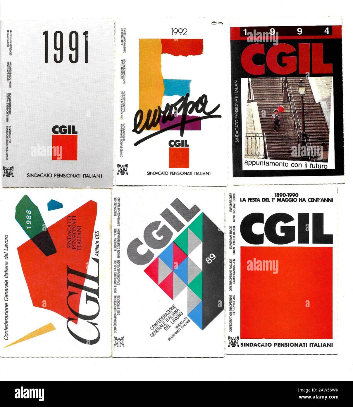 The communist party italian membership subscrption  of Confederazione Generale Italiana del Lavoro ( CGIL ) cards  1988 , 1989 , 1990 , 1991 , 1992 an Stock Photo