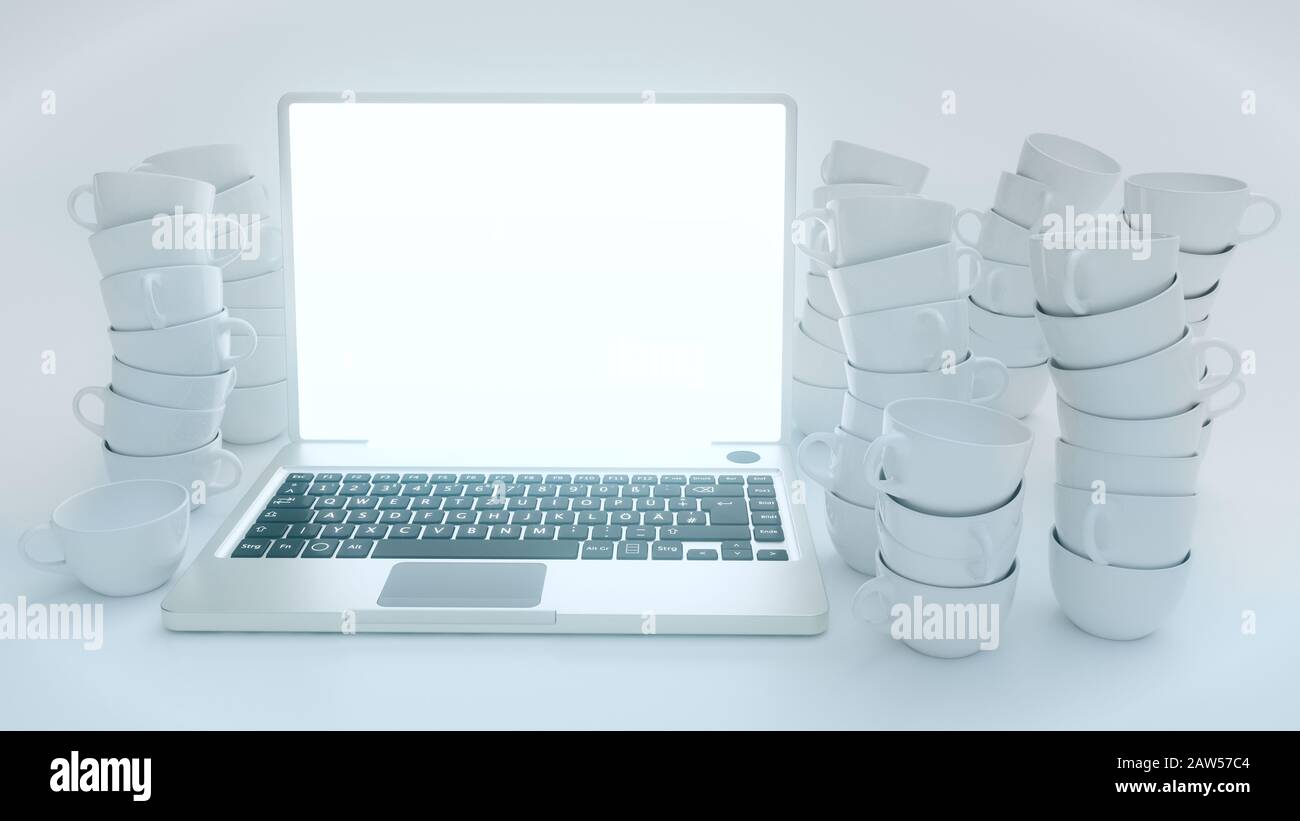Many empty coffee cups stand around a laptop - 3D Rendering Stock Photo ...