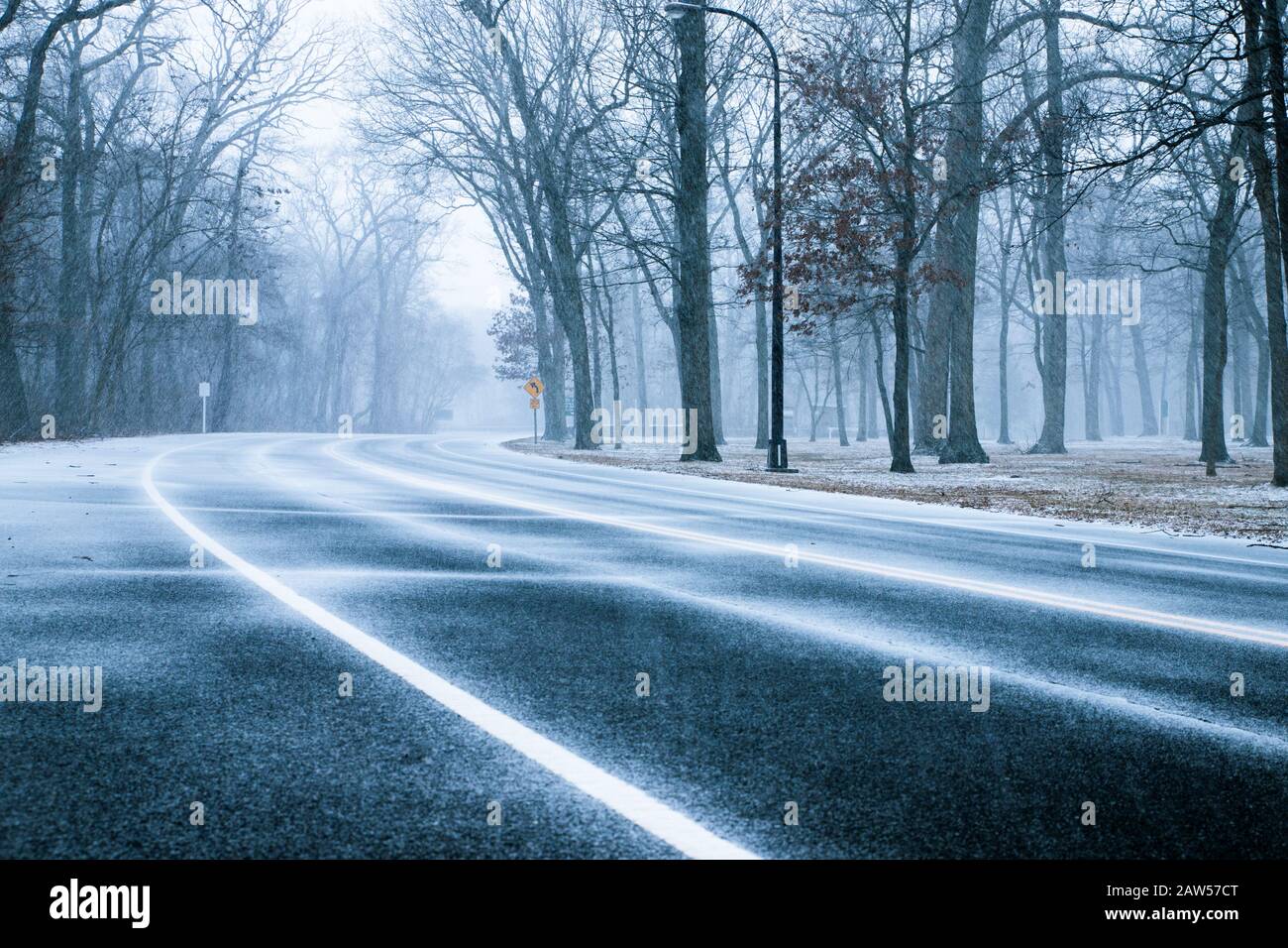 Road surrounded by trees as snow falls on snowy winter day Stock Photo ...
