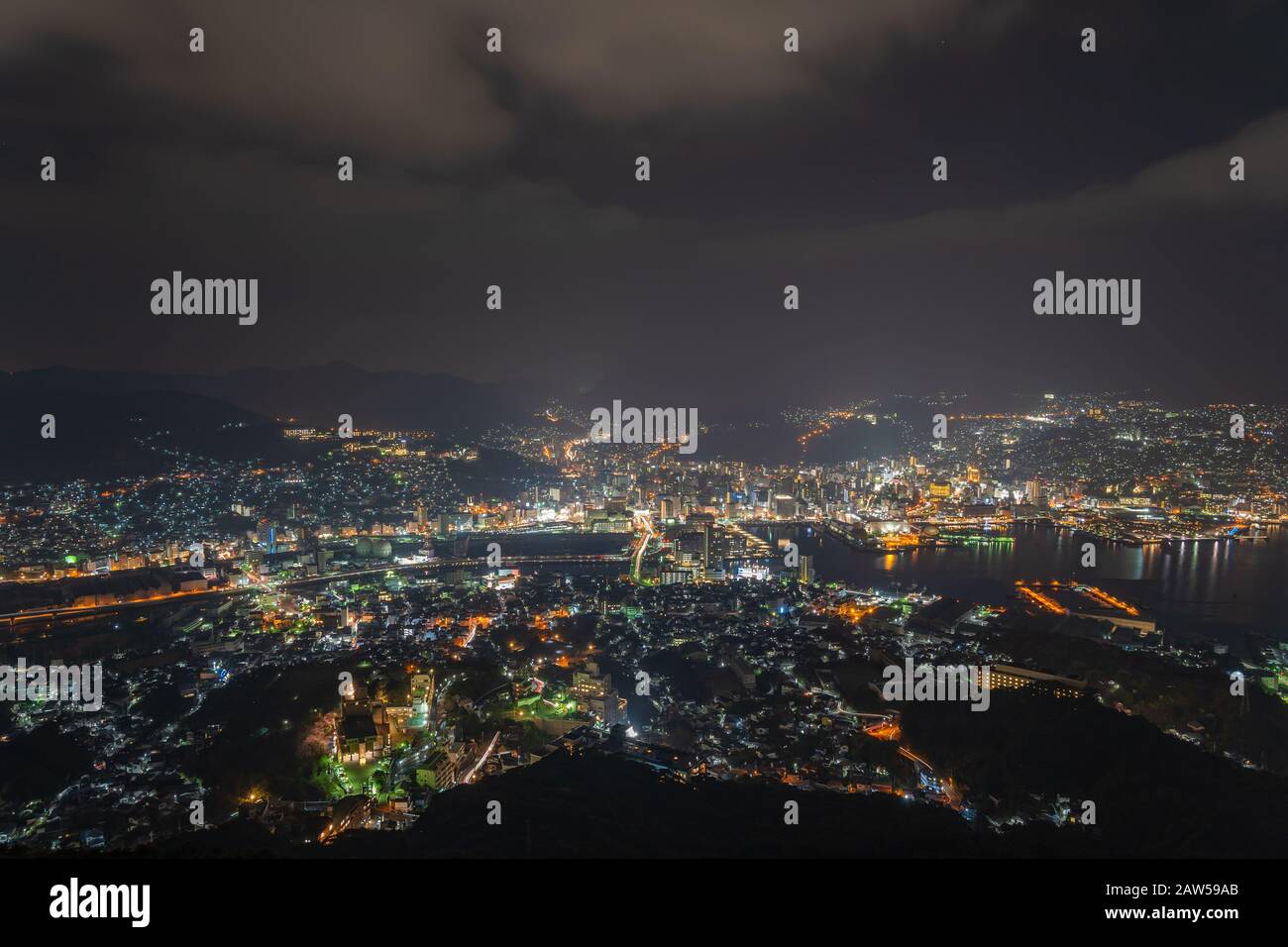 Nagasaki city light up at night. Panorama nightscape from Mt Inasa ...