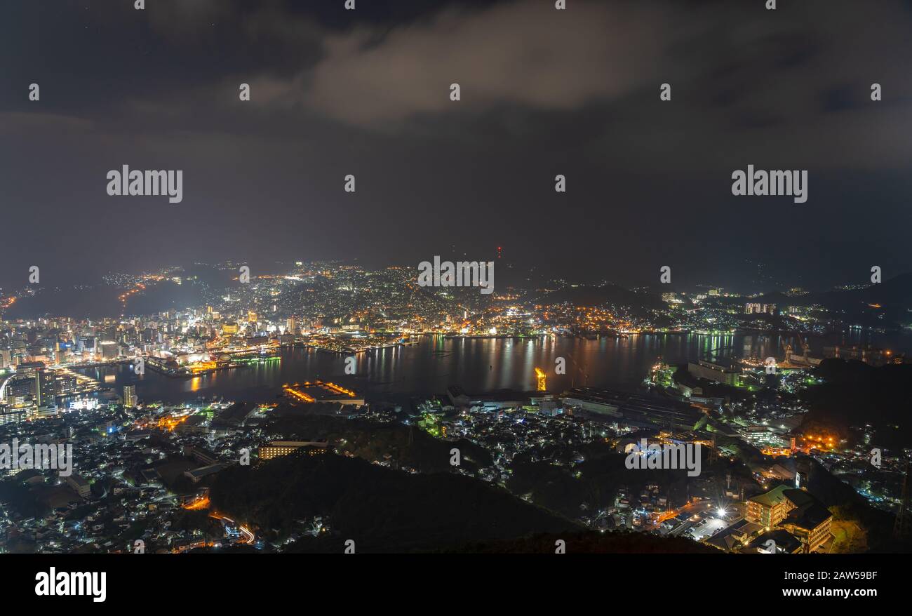 Nagasaki city light up at night. Panorama nightscape from Mt Inasa ...