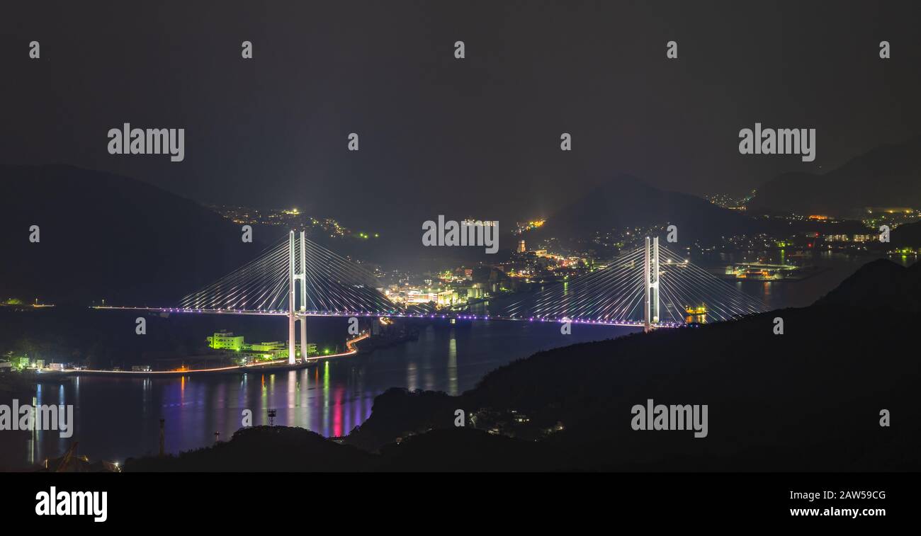 Nagasaki city light up at night. Panorama nightscape from Mt Inasa ...