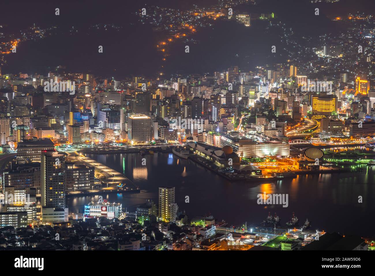 Nagasaki city light up at night. Panorama nightscape from Mt Inasa ...