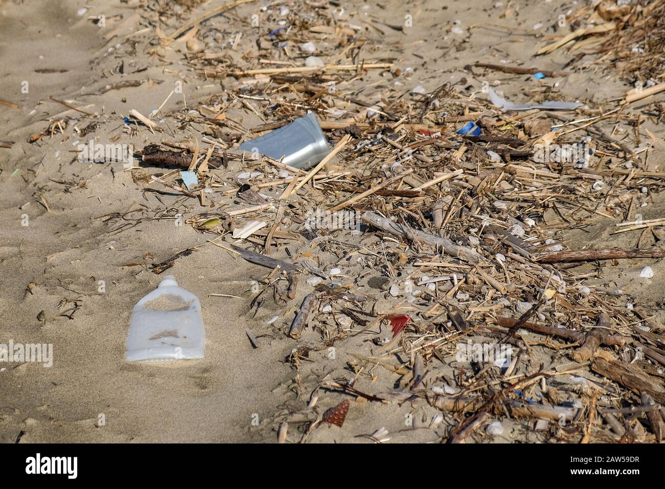 Industrial plastic Garbage pollution after winter sea storm coast,nature damage Stock Photo
