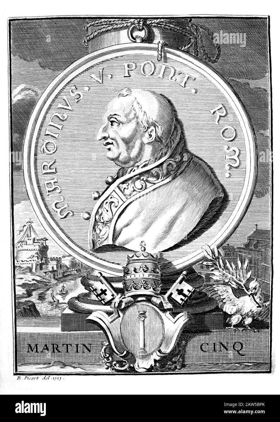 1430 ca , ROMA ,  ITALY : Pope MARTINO V COLONNA di Genazzano ( 1368 – 1431 ) born Ottone or Oddone Colonna . Portrait engraved by B. Picart , Paris , Stock Photo