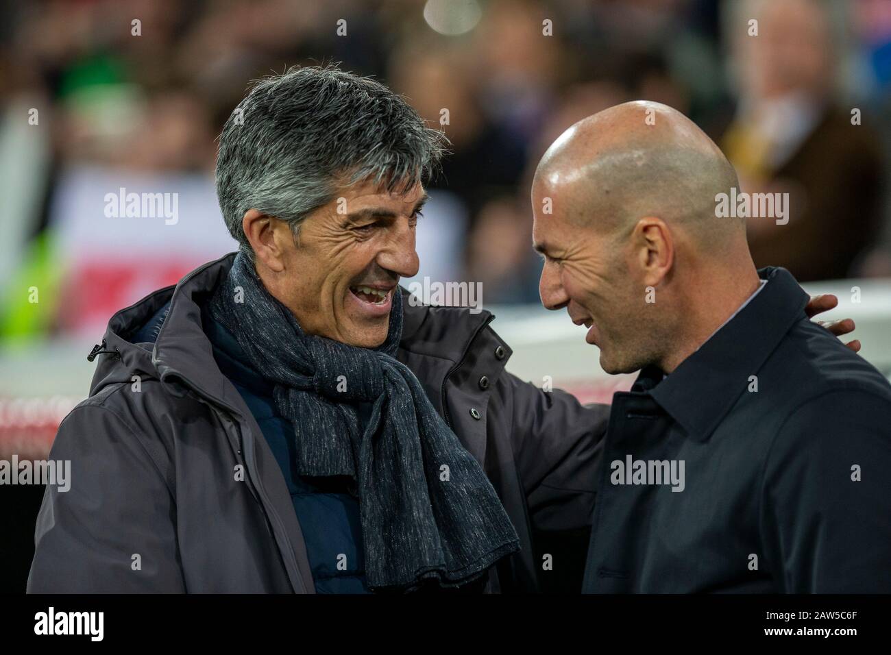 Real Sociedad's coach Imanol Alguacil and Real Madrid CF's Zinedine Zidane embrace each other before the Spanish quarterfinal Copa del Rey match between Real Madrid and Real Sociedad at Santiago Bernabeu Stadium in Madrid.(Final score; Real Madrid 3:4 Real Sociedad) Stock Photo