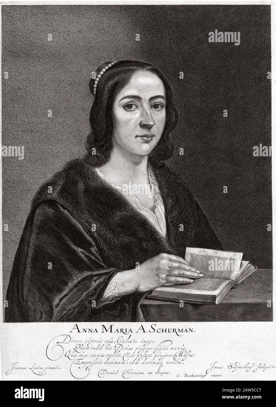 1650 ca , HOLLAND :  The dutch woman writer , philosopher and  poet ANNA MARIA VAN SCHURMAN ( 1607 – 1678 ). Engraving portrait by Jonas Suyderhoef .- Stock Photo