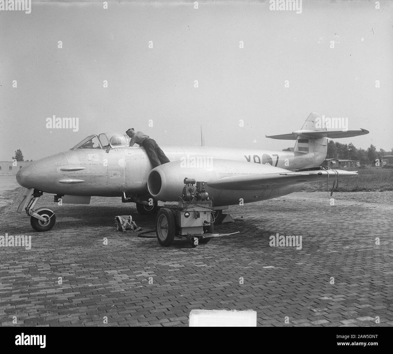 Record Flight Gloster Meteor over Ameland Annotation: The jet at Leeuwarden Air Base Date: August 28, 1949 Location: Leeuwarden Air Base Keywords: aviation, military aircraft, records Stock Photo