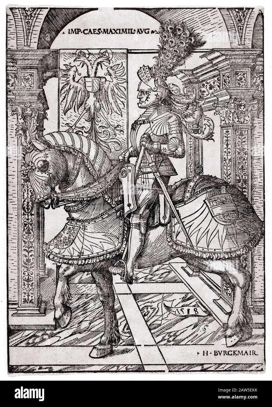 1518  , AUSTRIA : Holy Roman Emperor Maximilian I of Austria ( 1459 – 1519 ). Portrait engraving by  Hans Burgkmair ( 1473 – 1531 ). 1518 .   ABSBURG Stock Photo