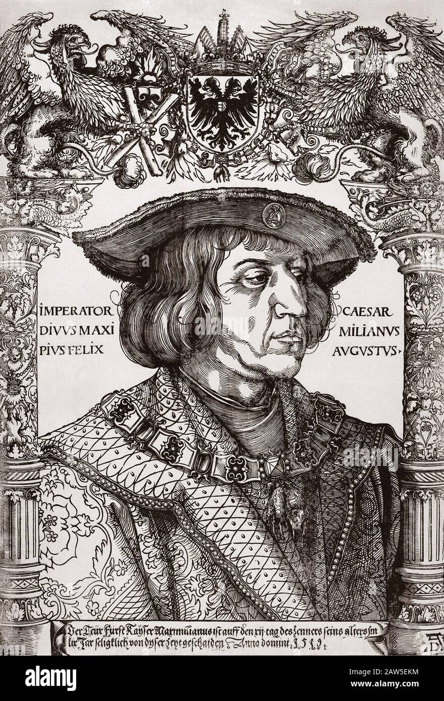 1518 ca , AUSTRIA : Holy Roman Emperor Maximilian I of Austria ( 1459 – 1519 ). Portrait engraving by Hans Weiditz the Younger (  1500–ca.- 1536 ), 15 Stock Photo
