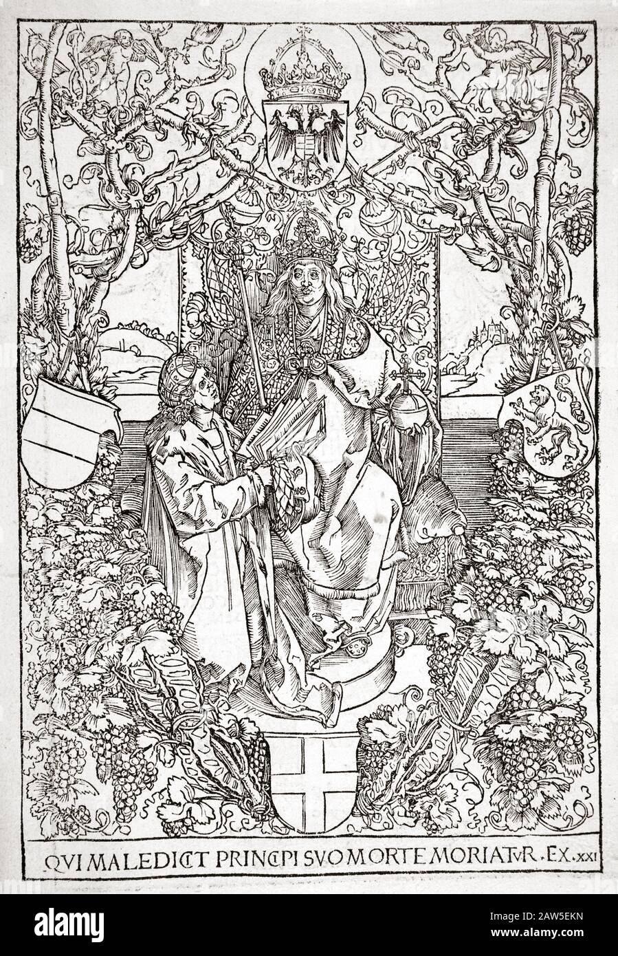 1518  , AUSTRIA : Holy Roman Emperor Maximilian I of Austria ( 1459 – 1519 ) with writer Conrad Celtis presenting his book  ' Quatuor Libri Amorum ' t Stock Photo
